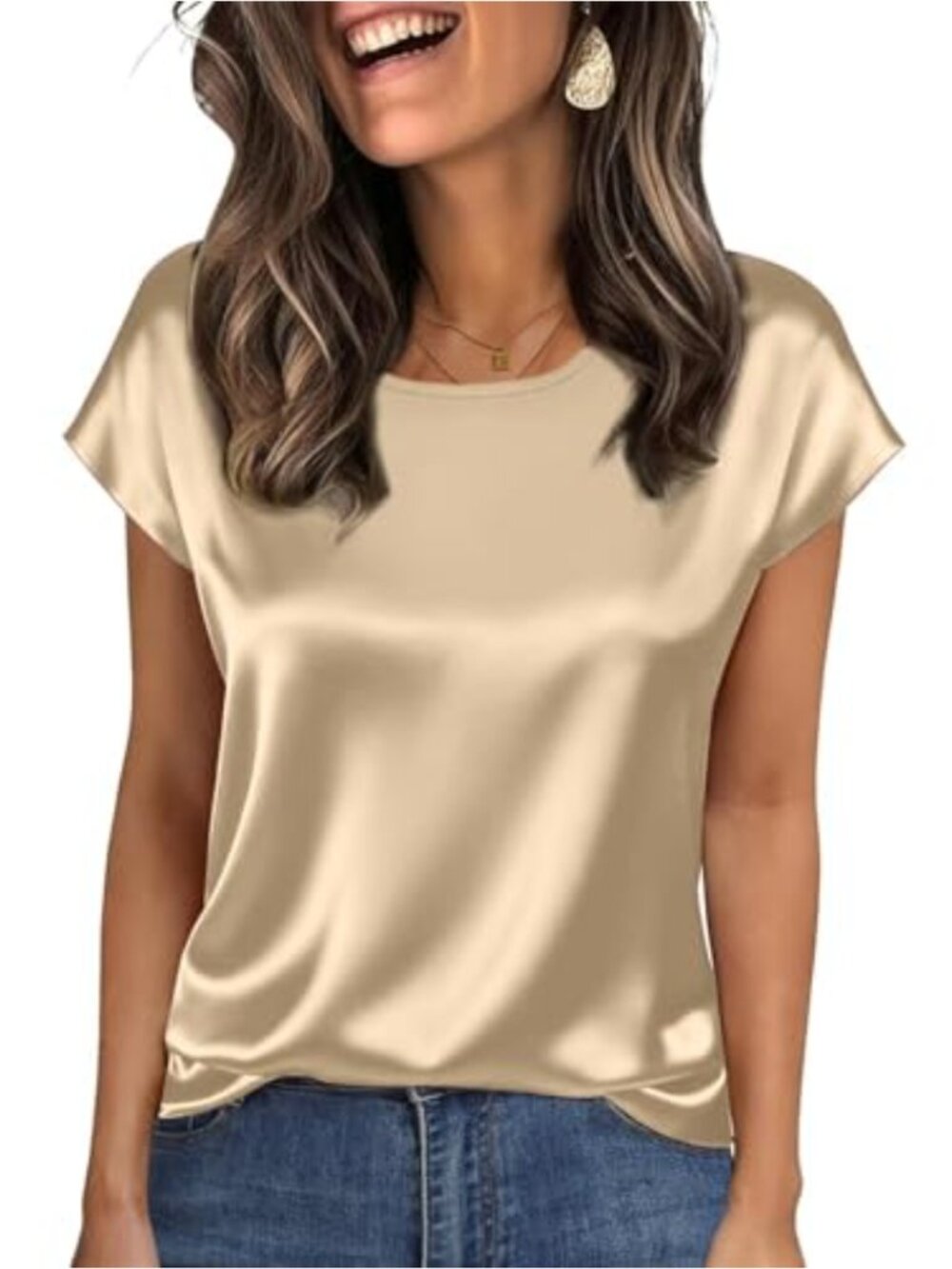 Silk Satin Cap Short Sleeve Blouse Square Neck Business Casual Top